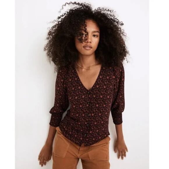 Madewell (Re)sourced Georgette Smocked-Cuff Button-Front Top in Orchard Floral - Picture 1 of 10